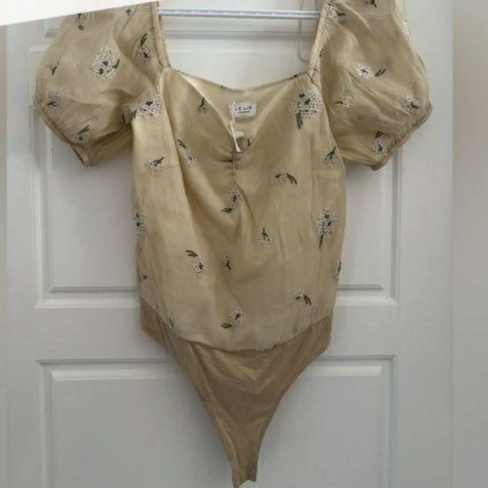 Le Lis Pale Yellow Floral Print Puffsleeve Thong Bodysuit
